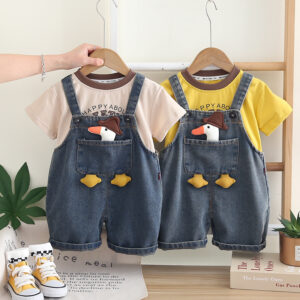 Kids Cartoon Denim Suspenders Shorts Set